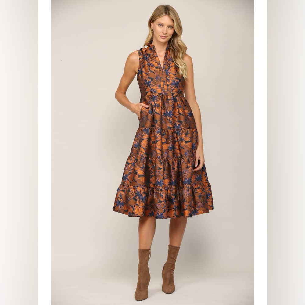 NWT Fate Ruffled Neck Tiered Sleeveless Midi Dress in Rust and Blue, NEW W TAGS